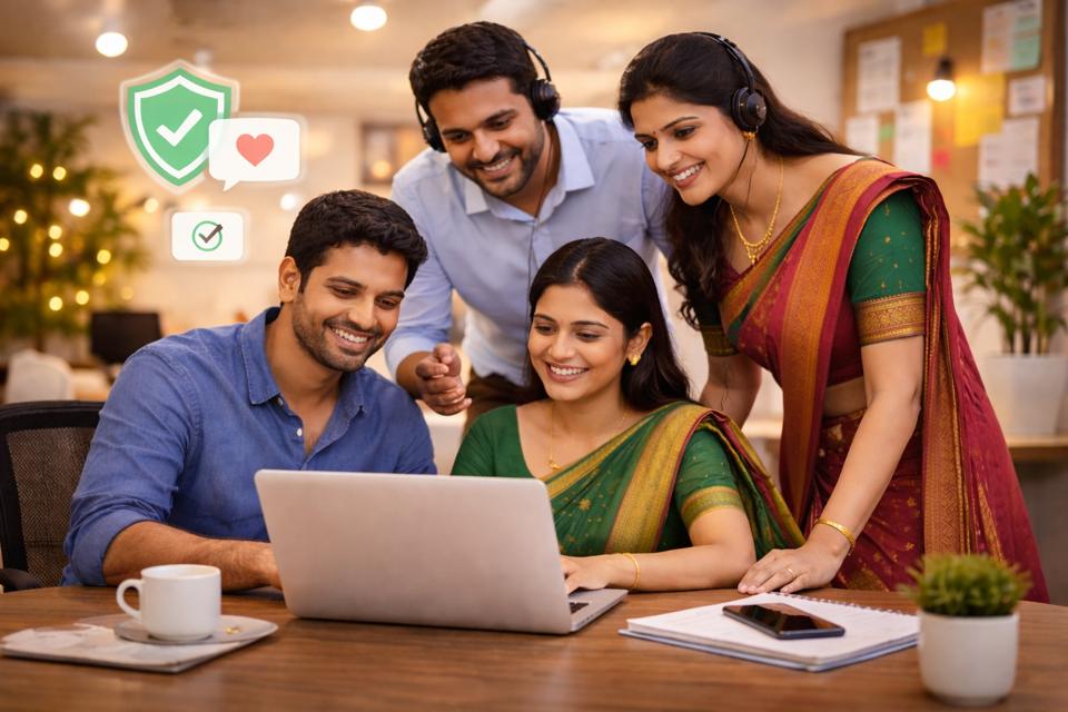 Admin-guided support illustration with help desk and response cards