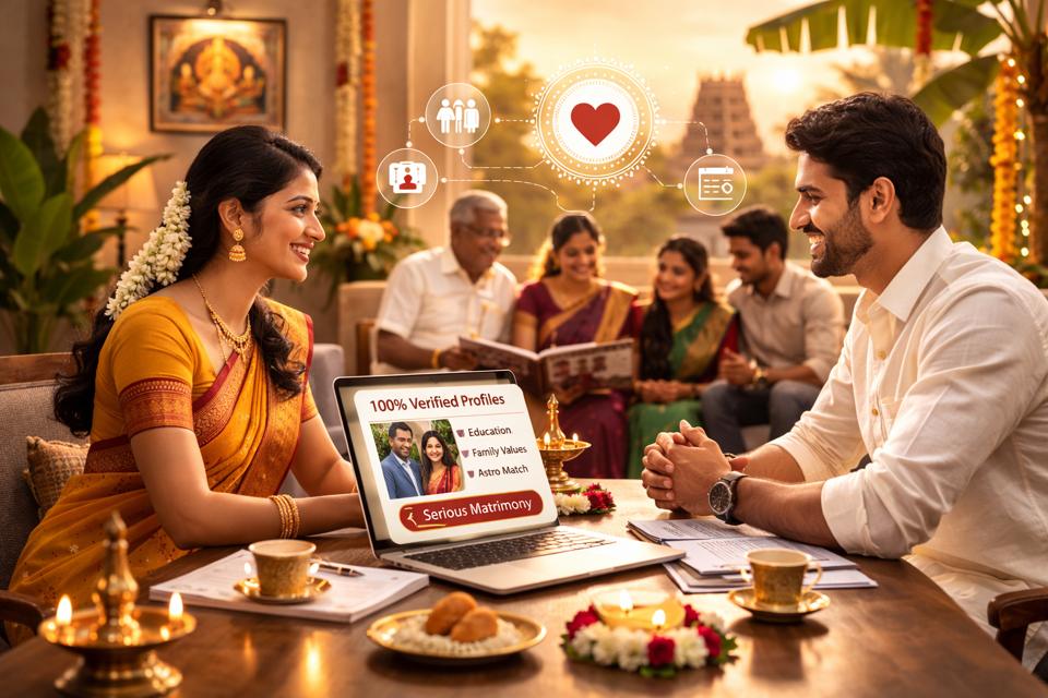 Focused matrimony intent illustration with profile review cards